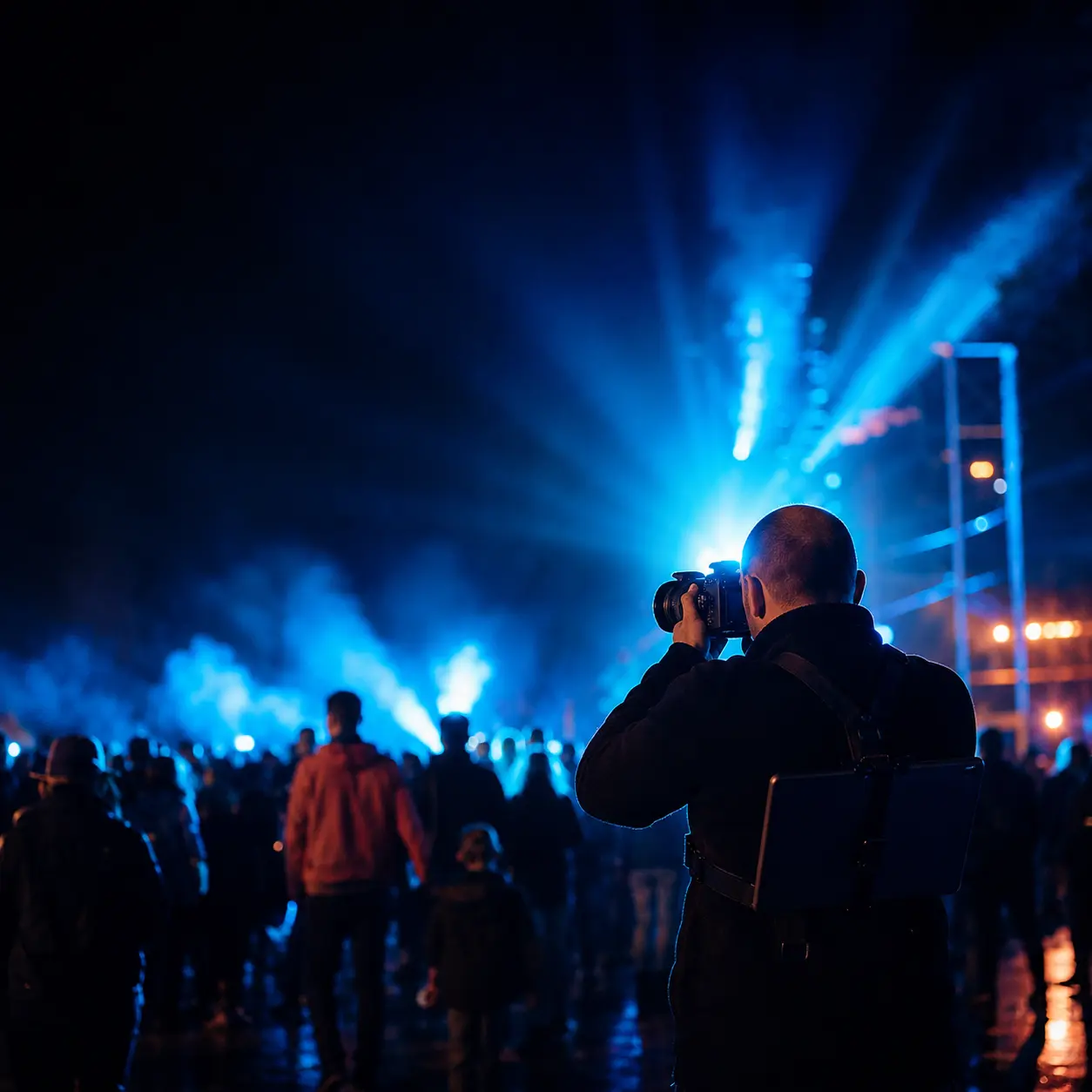 Fotograf WALKSHOT z aparatem i iPadem podczas nocnego festiwalu światła
